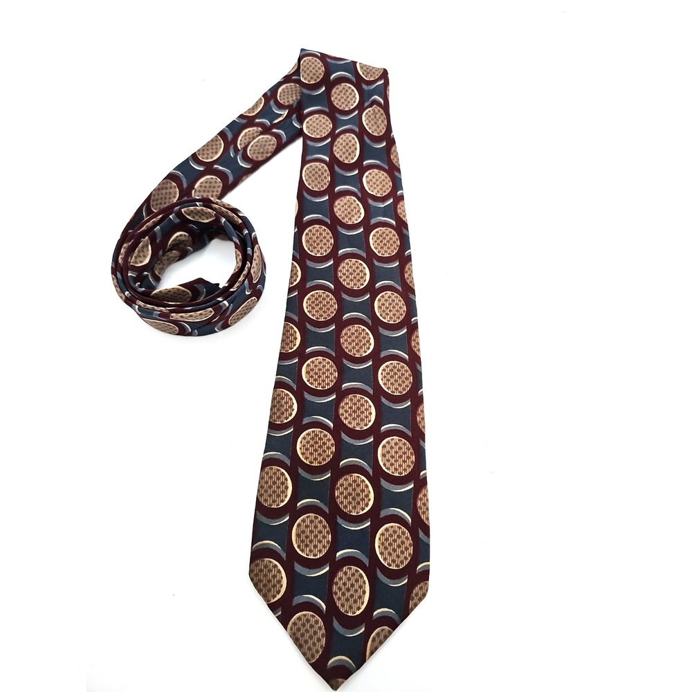 Henry Grethel Mens Silk Tie Burgundy Blue Gold Circle Medallion Necktie Vintage
